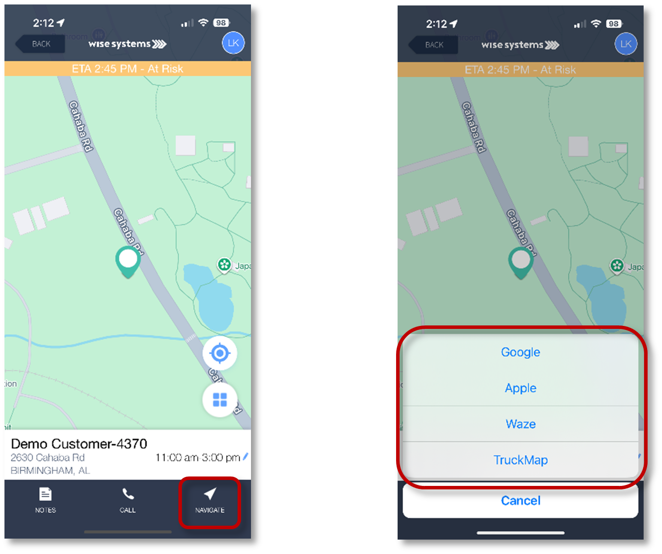InTempo CTX Driver App Map View for Equipment Pickups and Dropoffs